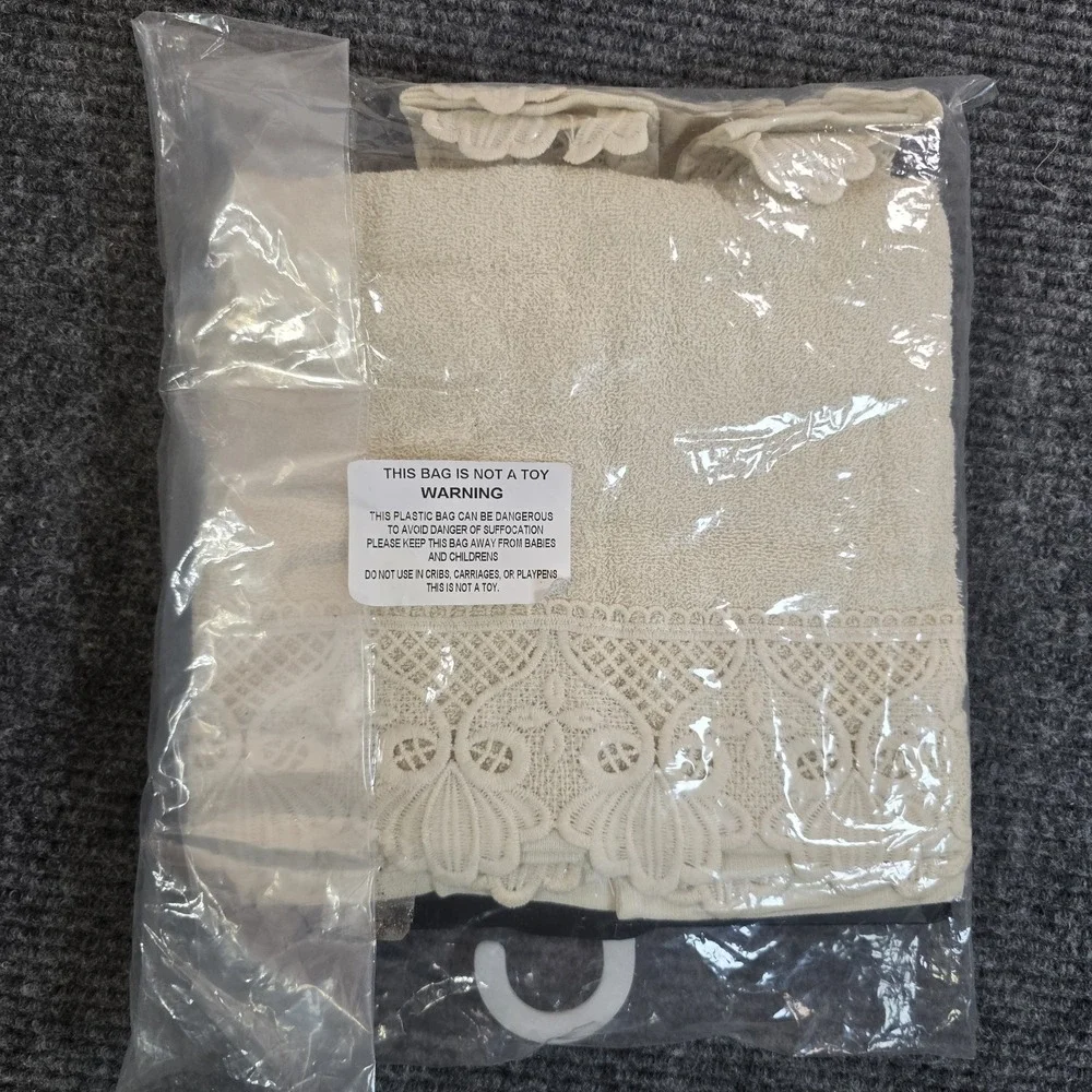 Macrame 3 Pc Bath Towel Set Beige Lace Cottagecore Victorian Romantic NEW